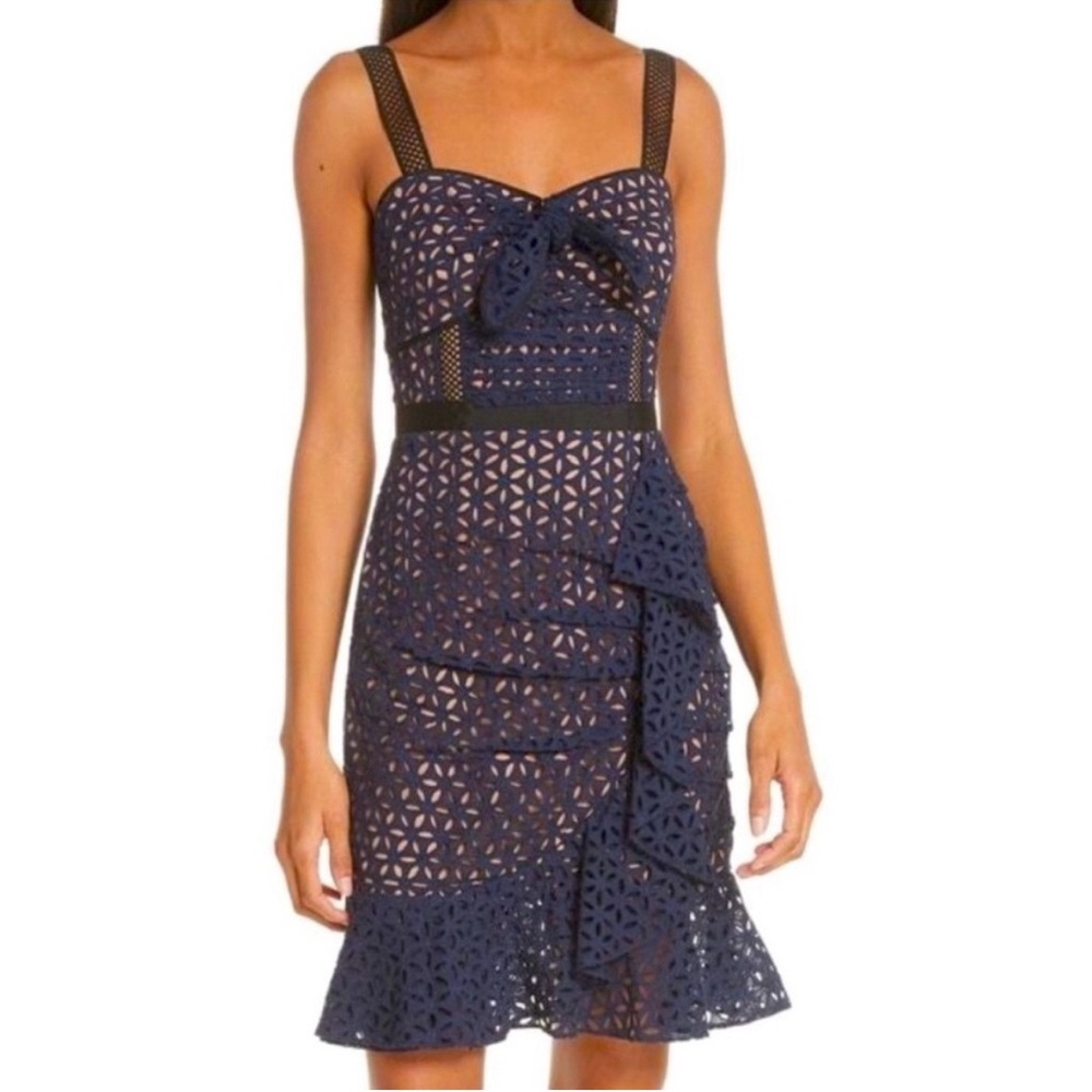 Self-Portrait || Broderie Floral Petal Mini Dress Eyelet Lace Ruffle Navy Blue 8 - Picture 13 of 13